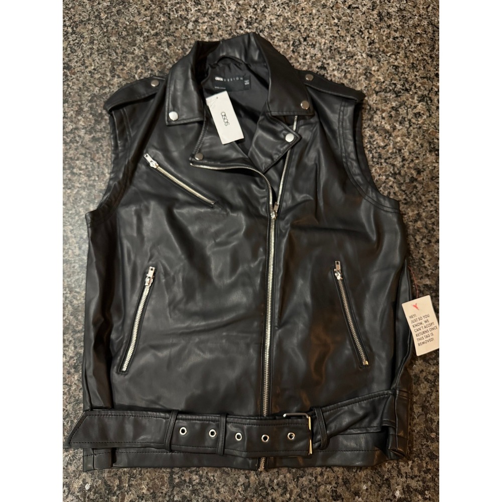 ASOS‎ DESIGN Womens Faux Leather Biker Vest Black Moto Belted Size US 4 NEW